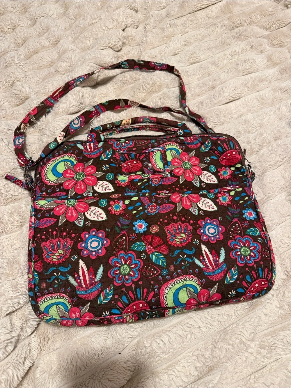 Vera Bradley Floral Quilted Laptop Crossbody in Brown, Pink and Green
